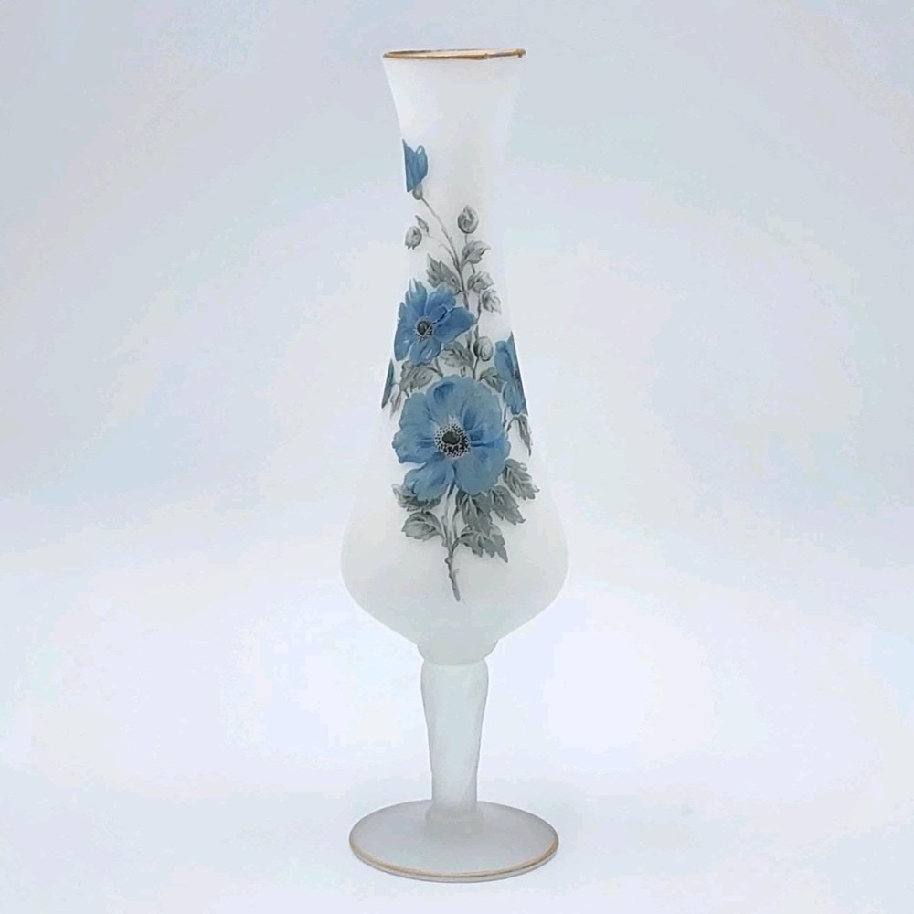 Vintage Norleans Italy White Satin Glass Bud Vase Hand Painted Blue Flowers Gold